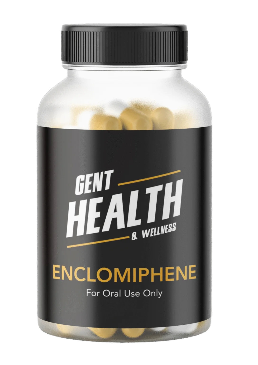 Gent Health enclomiphene oral medication bottle with black label on dark background