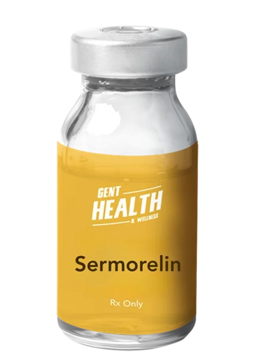 Gent Health sermorelin prescription vial with gold label on dark background