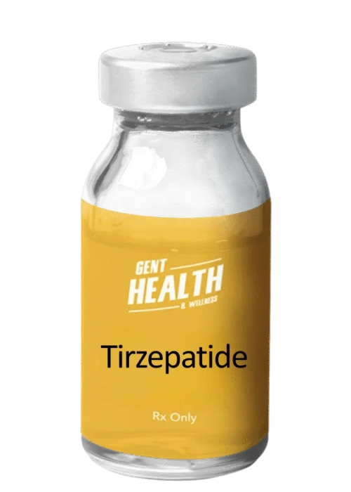 Gent Health tirzepatide prescription vial with gold label on dark background