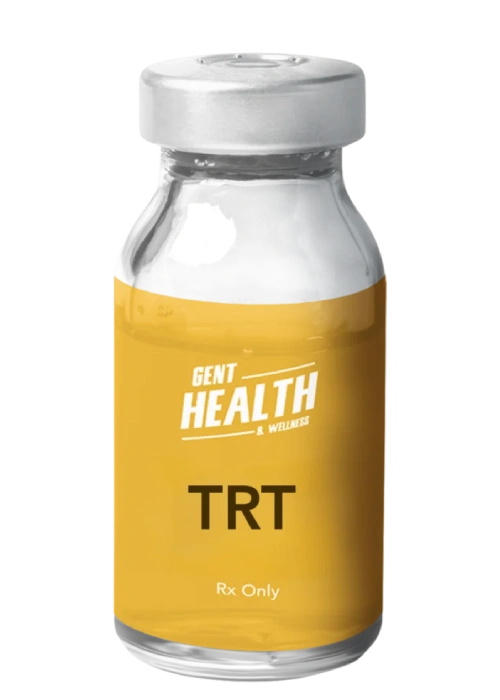 Gent Health testosterone replacement therapy TRT vial with branded gold label on a white background