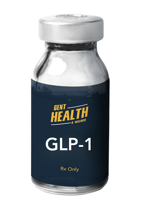 Gent Health GLP-1 medication vial with dark blue label on dark background