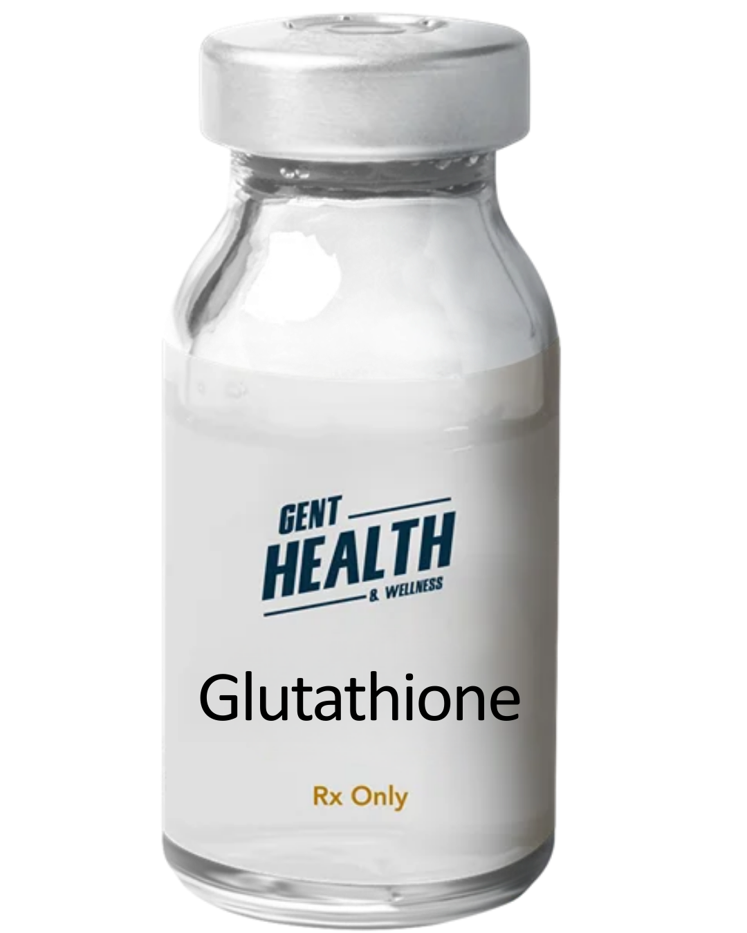 Gent Health glutathione prescription vial with white label on dark background
